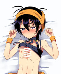 2boys bed bed_sheet black_hair blush embarrassed femboy gay girly headband jojo's_bizarre_adventure male male_only marimo_danshaku narancia_ghirga nipples penis penis_under_clothes purple_eyes ribs shirt_lift sweat sweatdrop tears vento_aureo wrist_cuffs yaoi