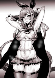 areola_slip areolae armpits arms_behind_head bangs bikini blush breasts cape clarisse_(granblue_fantasy) cleavage erect_nipples erect_nipples_under_clothes female female gggg gloves granblue_fantasy grin hair_ornament hair_ribbon high_resolution long_hair looking_at_viewer micro_bikini miniskirt monochrome navel navel_piercing nipples piercing ponytail ribbon simple_background skirt smile solo sweat swimsuit thighhighs thong tied_hair very_high_resolution white_background