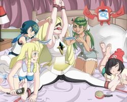 4girls aether_foundation aged_up aggelioss armpits arms_up ball_gag bed bedroom black_hair blindfold blonde_hair blue_eyes blue_hair bondage bound_ankles bound_wrists brush cameltoe daughter feathers feet feet_up female_only femdom green_eyes green_hair human human_only lana_(pokemon) lillie_(pokemon) lusamine_(pokemon) mallow_(pokemon) milf mother_and_daughter multiple_girls pillows pokemon pokemon_sm rotom_pokedex samina_(pokémon) selene_(pokemon) tickle_fetish tickle_torture tickling tickling_armpits tickling_feet yuri