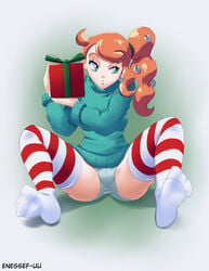 1girls alternate_outfit christmas enessef-uu female human human_only nintendo panties pokemon pokemon_ss solo sonia_(pokemon) spread_legs stockings sweater text upskirt watermark wide_hips