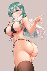 akizuki_akina bikini blue_eyes cleavage dat_ass female green_hair hair_ornament huge_ass huge_breasts kantai_collection leotard long_hair looking_back smiling suzuya_(kantai_collection) thong thong_bikini