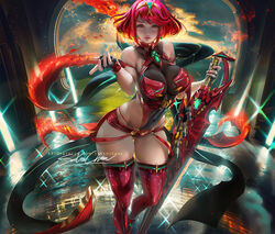 1girls bangs big_breasts breasts cleavage female female_only fire flames gem hair_ornament headpiece jewelry large_breasts looking_at_viewer nintendo pantyhose pose pyra red_eyes red_hair sakimichan short_hair short_shorts shorts smile solo swept_bangs sword thighhighs tiara weapon xenoblade_(series) xenoblade_chronicles_2