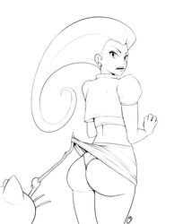 1girls ambiguous_gender ass assisted_exposure black_and_white blue_eyes captainbuttocks_(artist) dat_ass dress female female_focus human jessie_(pokemon) miniskirt monochrome nintendo panties pink_panties pokemon pokemon_rgby purple_hair red_hair skirt_lift source_request