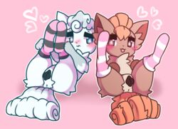 2020 2girls alolan_vulpix anatomically_correct anatomically_correct_pussy animal_genitalia animal_pussy anus blush canine_pussy chest_tuft clothed clothing digital_media_(artwork) duo embarrassed female feral furry half-closed_eyes heart legs_up legwear looking_at_viewer low_res lying nintendo on_back original_character paws pinup pokemon pokemon_(species) pokemon_rgby pokemon_sm pose presenting pussy shaded simple_background socks spread_legs spreading tongue tongue_out toony tuft vappypaws video_games vulpix wide_hips