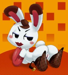 animal_crossing anthro ass breasts clothing featureless_feet female fishnet hi_res lagomorph legwear leporid lipstick looking_back makeup mammal nintendo praiz pussy rabbit solo sr stockings tiffany_(animal_crossing) video_games