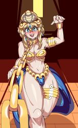 1boy blonde_hair bridget bridget_(guilty_gear) bulge canon_crossdressing captain_kirb chain_leash collar crossdressing femboy fit girly guilty_gear leash lingerie looking_at_viewer navel open_mouth open_smile smile snake_hair_ornament solo solo_male sweat thick_thighs wide_hips