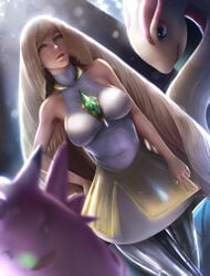 1girls aether_foundation areolae bare_shoulders belly bewear blonde_hair blush breasts cleavage clefable clothed fairy female fully_clothed high_resolution highres human leggings limgae lipstick long_hair looking_at_viewer lusamine_(pokemon) midriff milf milotic mother navel nintendo patreon pokemon pokemon_rse pokemon_sm shirt size_difference solo_focus standing tank_top thigh_gap underboob url v watermark wide_hips