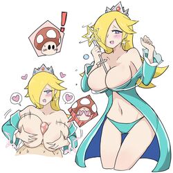 ! 1boy 1girls bare_chest bare_shoulders big_breasts blonde_hair blue_eyes blush breasts cleavage clothing covered_nipples crown earrings female hair_over_one_eye half-closed_eyes half-dressed hands_on_breasts heart heart-shaped_pupils heart_eyes highres huge_breasts human long_hair long_sleeves male mario_(series) motion_lines mushroom_penis navel nintendo open_mouth paizuri pale_skin panties penis penis_between_breasts princess_rosalina seductive_smile smile spoken_heart star_earrings super_mario_galaxy super_mushroom surprised thick thick_thighs thighs wand white-stew white_background wide_hips