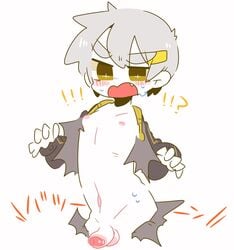 1boy clothes_ripping gakkun half_naked male_only op_u_na small_penis white_hair yellow_eyes