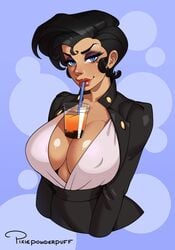 1girls between_breasts black_hair blue_eyes boba_tea bubble_tea bubble_tea_challenge cleavage eyeshadow gina_matlock large_breasts lipstick looking_at_viewer makeup milf pixiepowderpuff short_hair