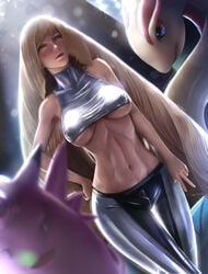 1girls abs aether_foundation areolae bare_shoulders belly bewear blonde_hair blush breasts cleavage clefable clothed fairy high_resolution highres human leggings limgae lipstick long_hair looking_at_viewer lusamine_(pokemon) midriff milf milotic mother navel nintendo patreon pokemon pokemon_rse pokemon_sm shirt size_difference solo_focus standing tank_top text thigh_gap underboob url v watermark wide_hips