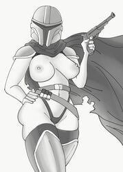 armor cape din_djarin disney exposed_breasts helmet monochrome nipples partially_clothed rule_63 star_wars the_mandalorian thong weapon