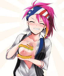 1girls ^_^ ayumu_maihama bandana boob_burger breast_burger breasts closed_eyes female food grin hamburger hamburger_bun human idolmaster idolmaster_million_live! kaiga multicolored_hair nipples pink_hair ponytail simple_background smile solo tied_hair white_background your_order_is_ready_(meme)