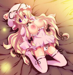 1girls adapted_costume areola areolae arm_behind_head blonde_hair blush blush_stickers body_blush breasts breasts_out cameltoe choker cleavage female from_above hair_ribbon hat hat_ribbon hips huge_breasts kurokawa_izumi large_areolae large_breasts long_hair looking_at_viewer lying navel nightgown nipples no_bra on_back on_bed panties pantyshot purple_eyes ribbon shiny shiny_skin skindentation smile solo thighhighs thighs touhou underwear very_long_hair yukari_yakumo