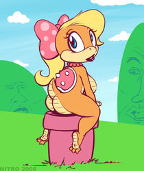 1girls 2008 alternate_breast_size anthro ass blonde_hair blue_eyes bow bracelet breasts eyelashes female female_only hair humor koopa koopalings lipstick mario_(series) necklace nintendo nitro pearl_necklace polka_dots shell smooth_skin solo spiked_shell spikes super_mario_bros. tail warp_pipe wendy_o._koopa