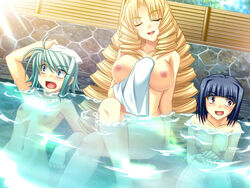 2girls bath blonde_hair blue_eyes blue_hair blush breasts bunshuu closed_eyes drill_hair embarrassed enshou_honsho female female_only game_cg ganryou green_hair koihime†_(series) koihime_musou large_breasts long_hair multiple_girls nipples onsen open_mouth purple_eyes saeki_hokuto short_hair towel water