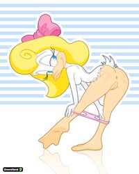 anthro anus avian bent_over blonde_hair blue_eyes bow greenhand loon nude panties panties_around_leg shirley_the_loon soft_feathers tiny_toon_adventures warner_brothers