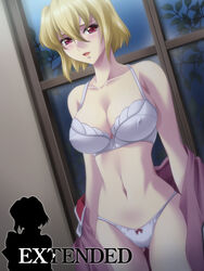 :d bangs blonde_hair blush bow bow_panties bra breasts circle_epion cleavage erect_nipples female_only gundam gundam_seed gundam_seed_destiny hips indoors large_breasts leaf lingerie looking_at_viewer military military_uniform naughty_face navel night night_sky off_shoulder open_clothes open_mouth open_shirt panties pink_eyes red_eyes shirt short_hair silhouette sky smile solo standing stellar_loussier thigh_gap thighs underwear undressing uniform white_bra white_panties wide_hips window