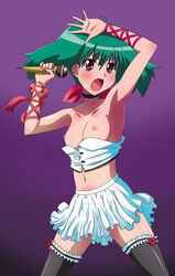 clothing flat_chest green_hair macross macross_frontier microphone nipples paopa_ship ranka_lee red_eyes ribbon ribbons short_hair singing skirt stockings thighhighs wardrobe_malfunction