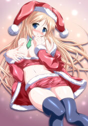 ayano_minegishi blue_eyes blush breasts christmas cleavage hat long_hair lucky_star minegishi_ayano miniskirt panties skirt thighhighs underwear uni-corn