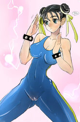 bodysuit bracelet breasts cameltoe capcom chun-li doru_riheko double_bun female female_only fighting_pose fighting_stance green_eyes hip_bones human impossible_clothes jewelry jumpsuit large_breasts solo spiked_bracelet spikes straight_hair street_fighter street_fighter_alpha street_fighter_alpha_2 street_fighter_alpha_3 unitard