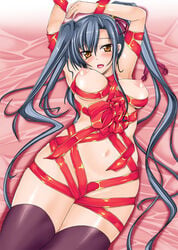 areola areolae blue_hair bondage breasts kan'u_unchou_(koihime) kizaki_yuuri koihime†_(series) koihime_musou long_hair lying naked_ribbon navel nipples orange_eyes ponytail ribbon ribbon_bondage ribbons side_ponytail thighhighs tied tied_hair yellow_eyes