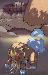 abs canine censored entei excessive_cum feral_on_anthro handjob muscles original_character pokemon pokephilia size_difference tagme unknown_artist