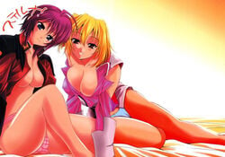 2girls ahoge arm_support bed blonde_hair blue_eyes blue_panties blush breasts cleavage female female_only gundam gundam_seed gundam_seed_destiny head_tilt jpeg_artifacts large_breasts lunamaria_hawke lying military military_uniform multiple_girls no_bra no_panties on_side open_clothes open_shirt panties pink_hair pink_panties red_eyes shirt short_hair sitting smile stellar_loussier striped striped_panties underwear uniform yasui_riosuke