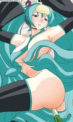 1girls 2d anal_penetration anus artist_request ass black_sleeves black_thighhighs blue_eyes blue_hair blue_necktie breasts color detached_sleeves eyebrows_visible_through_hair female female_only hair hatsune_miku headset headset_microphone huge_breasts jpeg_artifacts leek light-skinned_female light_skin long_hair lying navel necktie on_side partially_clothed penetration sleeves teeth thighhighs very_long_hair vocaloid