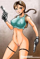 1girls backpack bag blush bottomless brown_eyes brown_hair casual clothing erect_nipples eyes female female_only firearm gloves gun handgun human john_joseco lara_croft lara_croft_(classic) navel pale_skin pistol ponytail pussy semiautomatic solo tank_top tied_hair tomb_raider weapon