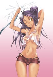 1girls arms_up bikini bikini_bottom bleach breasts dark-skinned_female dark_skin female female_only hose long_hair midriff ponytail purple_hair shihouin_yoruichi shirt short_shorts shorts side-tie_bikini solo swimsuit tied_hair underboob water wet wink yellow_eyes yu-ri_(kurione-sha)