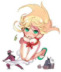 blonde_hair breasts censored christmas dark-skinned_male dark_skin emilie_de_rochefort female green_eyes heart_censor heisa kazuya_mishima light-skinned_female light_skin long_hair male male/female naked_ribbon nipple_slip nipples nude one_shoe pasties raven_(tekken) ribbon santa_costume single_shoe slippers tekken throw throwing