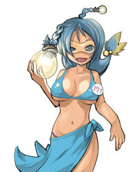 blue_hair breasts female humanized_pokemon lanturn loincloth masha moemon nintendo personification pokemon sarong simple_background solo swimsuit white_background