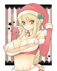 bell bikini bikini_lift bikini_pull bikini_top blonde_hair blush braid breasts christmas elbow_gloves female female_only final_fantasy final_fantasy_tactics final_fantasy_tactics_(original) gloves hat huge_breasts human long_hair micro_bikini midriff nipple_slip nipples pocopoco puffy_nipples santa_costume santa_hat single_braid smile solo stocking_cap swimsuit yellow_eyes