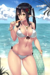 1girls ass_visible_through_thighs beach bikini black_hair blush bow breasts cameltoe cleavage elf elf_(houtengeki) female female_only flower hair_flower hair_ornament highres houtengeki innertube large_breasts navel original pointy_ears popsicle side-tie_bikini solo stomach sweat swimsuit thighs tied_hair twintails waist yellow_eyes