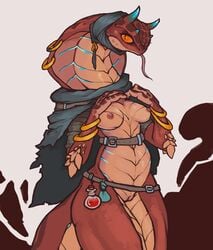 2020 absurd_res anthro areola ass belly belt big_butt blizzard_entertainment breasts cape clothing cobra curvy_figure female headgear hi_res hood horn humanoid_hands humanooid_hands long_tongue looking_at_viewer mostly_nude nipples non-mammal_breasts piercing potion pussy reccand reptile scale scalie sethrak simple_background snake snake_hood solo thick_thighs tongue tongue_out video_games warcraft wide_hips