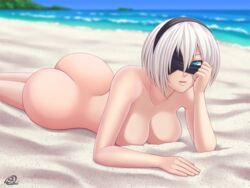 1girls android ass beach big_ass blindfold blindfold_lift blue_eyes breasts female hairband looking_at_viewer lying nier nier:_automata nude ocean on_stomach outdoors rocky-ace sand short_hair solo water white_hair wide_hips yorha_2b