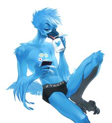 1boy 1male 4_toes 5_fingers artist_name artist_signature beak bird bird_feet blue_eyes blue_feathers blue_fur blue_hair boxers briefs bulge cellphone coffee drinking feathers fit furry gay hale. male male_only mostly_nude on_phone open_mouth phone shirtless smile solo solo_focus solo_male tail tail_feathers talons thin topless topless_male tweeter tweetfur twink twitter twitter_bird twitter_logo underwear watermark