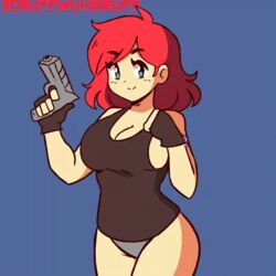 1girls animated animated_gif bare_thighs big_breasts bouncing_breasts breasts cleavage clothed cute female female_only fingerless_gloves gloves gun large_breasts looking_at_viewer meryl_silverburgh metal_gear_solid no_pants panties pistol red_hair scruffmuhgruff solo tank_top