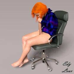 1boy autofellatio barefoot bottomless edylear eyes_closed flannel_shirt izzylear long_penis office_chair on_chair plaid_shirt red_hair solo_male younger_male