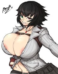 1girls 2d areolae belt bewbchan big_breasts black_hair blouse breasts bursting_breasts cameltoe cleft_of_venus devil_may_cry devil_may_cry_4 edit female female_only gloves grin heterochromia huge_breasts lady_(devil_may_cry) large_breasts looking_at_viewer necklace nipples nipples_visible_through_clothing plain_background pockets simple_background skirt smile smiling solo third-party_edit white_background