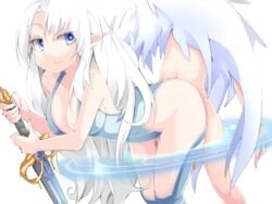 1boy boy_rape censored clothing doggy_style female_rapist femdom holding_weapon luka_(mon-musu_quest!) male_victim malesub monster_girl_quest rape reverse_rape straight sword thigh_sex valkyrie_(mon-musu_quest!) white_hair