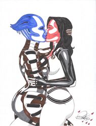 2girls alien alien_girl arm_around_waist asari black_hair blue_skin bodysuit cleavage clothed deep_kissing fully_clothed hand_behind_head human interspecies kissing mass_effect miranda_lawson morinth xenophilia yuri