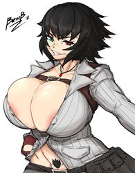 1girls 2d areolae belt bewbchan big_breasts black_hair blouse breasts bursting_breasts cameltoe cleft_of_venus devil_may_cry devil_may_cry_4 edit female female_only gloves grin heterochromia huge_breasts lady_(devil_may_cry) large_breasts looking_at_viewer necklace nipples nipples_visible_through_clothing pockets pubic_hair skirt smile smiling solo white_background