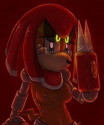 anthro bluechika breasts crying cyborg echidna fusion metal_knuckles nipples robot robot_girl robotic_arm sonic_(series) tears tikal_the_echidna transformation