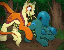 2020 absurd_res animal_genitalia animal_penis closed_eyes cutie_mark detailed_background duo earth_pony equid equine equine_penis fan_character feral forest hi_res horse male male/male mammal my_little_pony non_toxic_(oc) oral outside penis poison_trail pony selenophile sex tatzlpony tentacle tentacle_tongue tongue tree