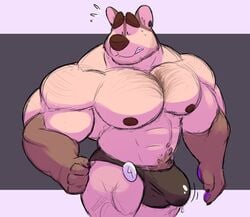 2019 4_fingers abs anthro biceps big_bulge big_muscles black_nipples black_nose bodily_fluids body_hair brown_body brown_fur bulge canid canine canis clothed clothing domestic_dog donovan_(lizard_soup) ear_piercing embarrassed eyebrows fingers fur genital_fluids happy_trail huge_muscles lizard_soup male male_only mammal multicolored_body multicolored_fur muscular muscular_male nipples pecs piercing precum precum_through_clothing precum_through_underwear solo sweat tan_body tan_fur thick_eyebrows topless triceps two_tone_body two_tone_fur underwear underwear_only wet wet_clothing