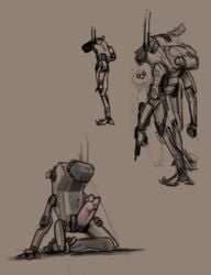 backpack big_penis glowing gun keep_clean_(verdrusk) kneeling machine male model_sheet penis presenting ranged_weapon rifle robot sitting unusual_penis verdrusk weapon