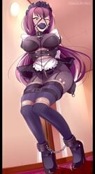 ankle_cuffs armbinder arms_behind_back bagelbomb ball_gag belt blush bondage bound crotch_rope drooling egg_vibrator embarrassed fate/grand_order fate_(series) femsub gag gagged long_hair maid one_eye_closed panties pantyhose purple_eyes purple_hair rope ryona scathach_(fate) tears vibrator vibrator_under_panties