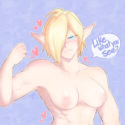 1boy abs areolae blonde_hair blood_elf blue_eyes breasts elf elf_ears erect_nipples flexing hearts high_elf male male_only male_with_breasts medium_breasts messa_polarpaw muscular_male nipples nude pointy_ears short_hair soft_paws text upper_body warcraft world_of_warcraft